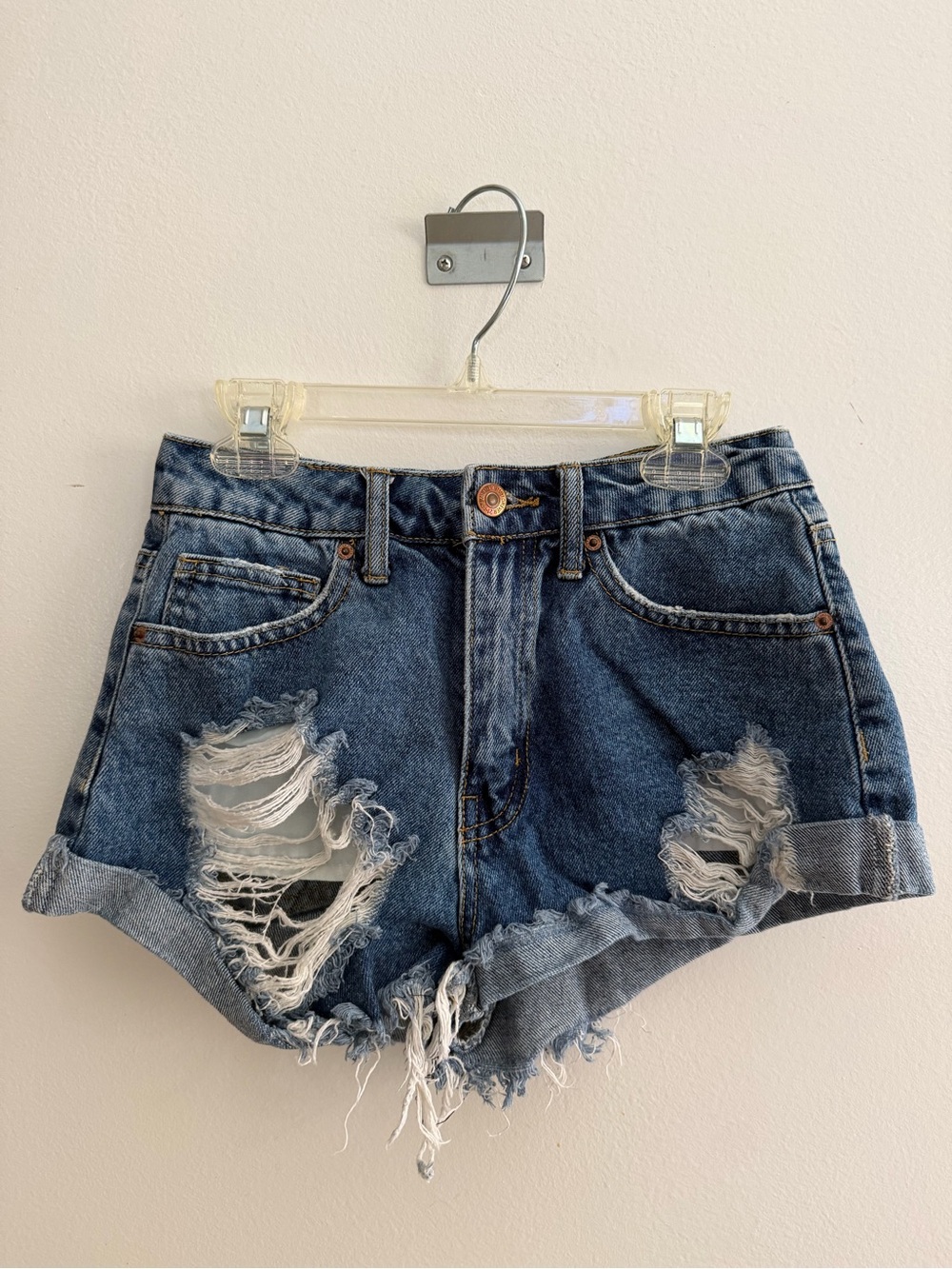 Forever 21 Dark Blue Distressed Roll-Cuff Jean Shorts